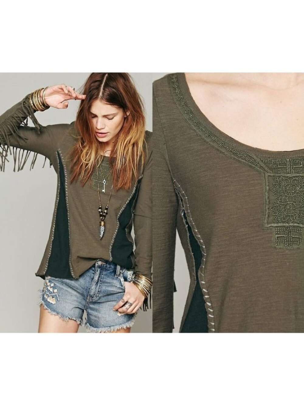 Free People L Olive Green Boho Fringe Long Sleeve Cotton Top Festival Hippie